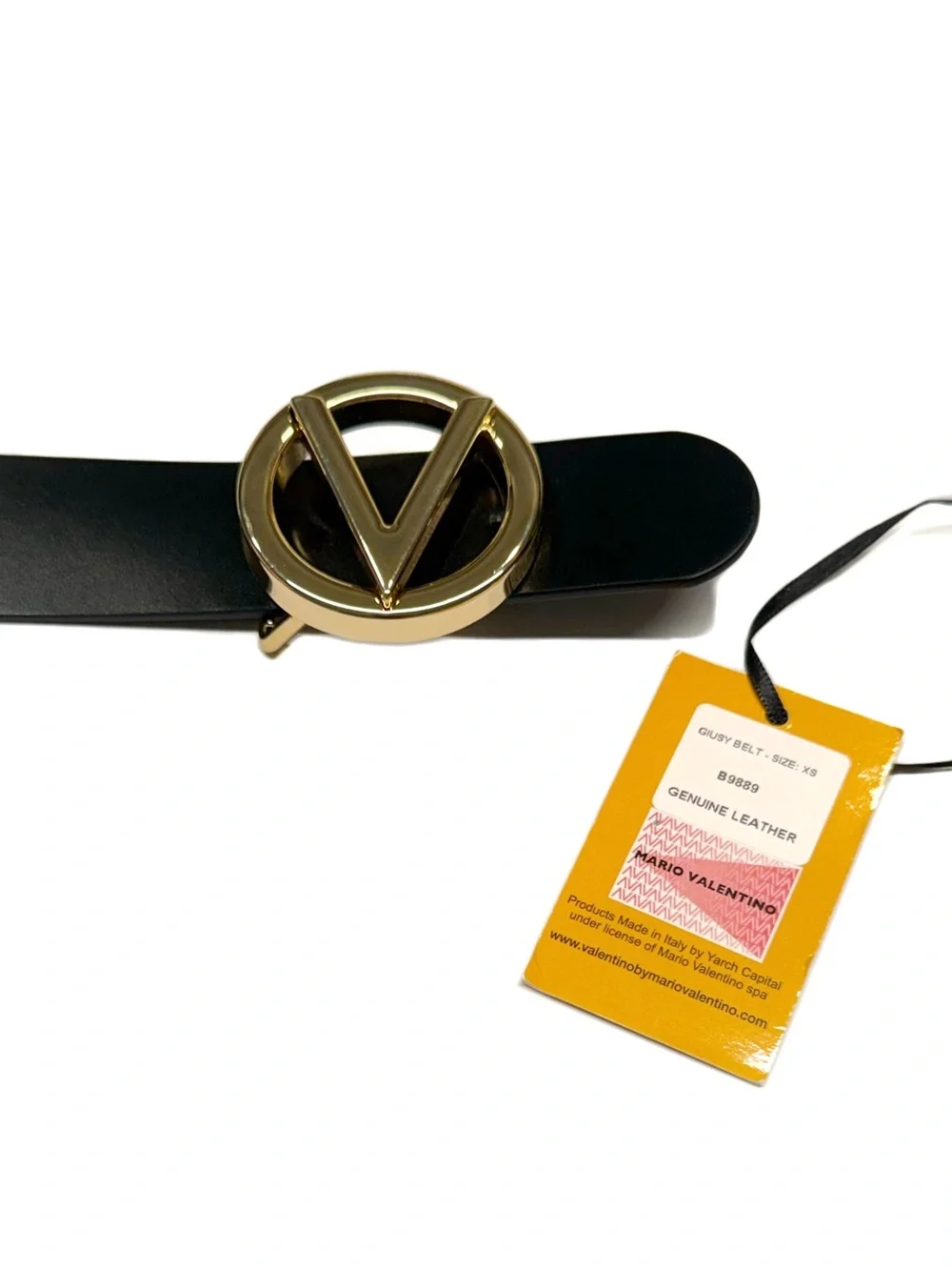Valentino Gold V Logo Black Leather Belt NWT